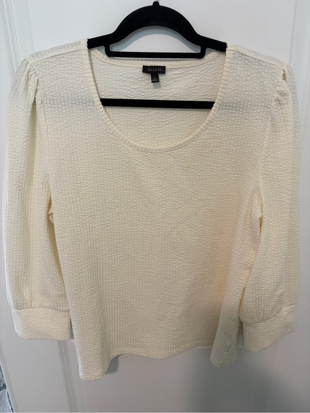 Talbots Cream Textured Scoop Neck 3/4 Sleeve Top